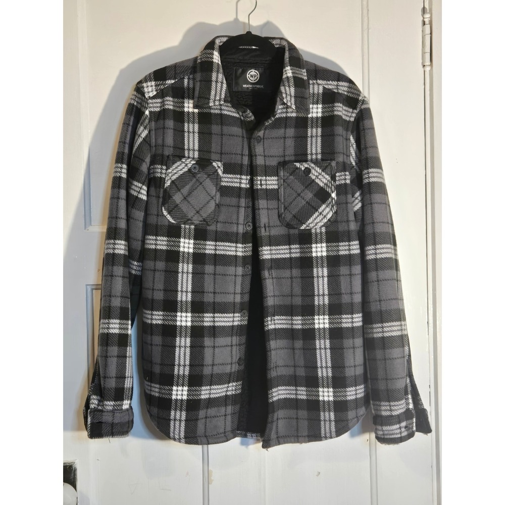 Weatherproof Mens Sherpa Lined Plaid Flannel Shirt Jacket Grey Black Small
